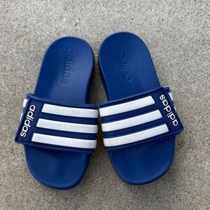adidas Kids Royal Blue Slide Sandals with White Stripes